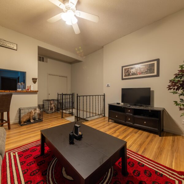 196000 | 3741 Salena St., St. Louis, MO 631183741 Salena living room area with stairs down at the far back of the room and a wall cut out showing the kitchen area on the left